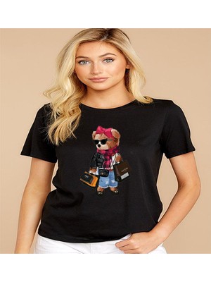 ÇARŞI47 Kadın Tişört Ayıcık Baskılı T-Shirt Yuvarlak Yaka 3D Baskı Kalitesi