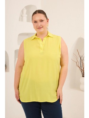Rmg Gömlek Yaka Kolsuz Büyük Beden Viskon Bluz Sarı
