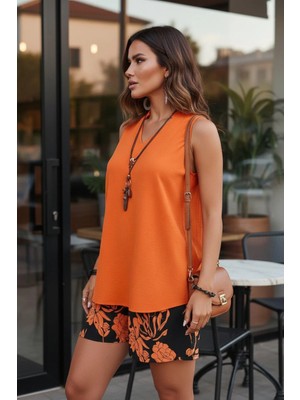 Mossta V Yaka Bluz Şort Ikili Takım - Turuncu