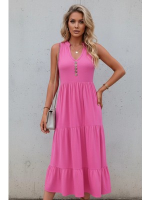 Mossta Hakim Yaka Kolsuz Midi Viskon Elbise - Pembe