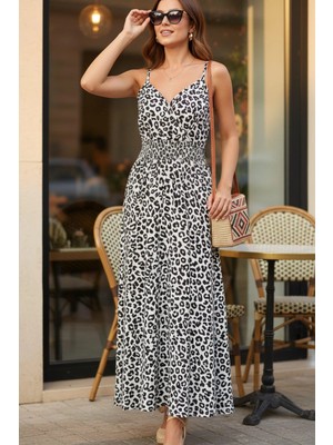 Mossta V Yaka Bel Lastikli Dökümlü Uzun Süprem Elbise - Beyaz