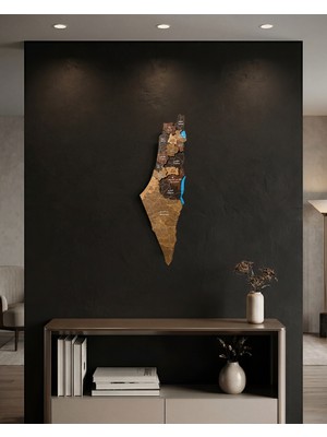 Zaytoon Ahşap Duvar Dekoru Filistin Haritası Kahverengi Şehir İsimli 60x18 cm