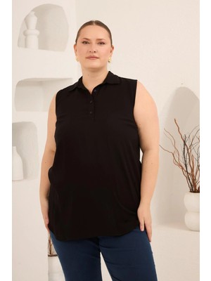 Rmg Gömlek Yaka Kolsuz Büyük Beden Viskon Bluz Siyah