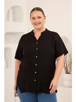 Rmg Hakim Yaka Ön Yırtmaçlı Kadın Büyük Beden Gömlek Siyah