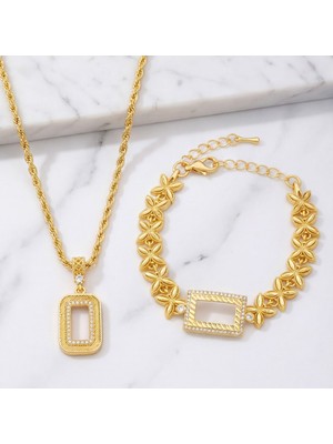 Ferizz Altın Kaplama Gram Çerçeve Kolye Ucu ve Gram Çerçeve Çiçekli Bileklik Kombini BND-154