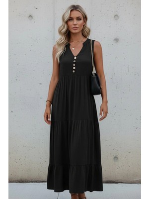 Mossta Hakim Yaka Kolsuz Midi Viskon Elbise - Siyah