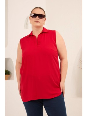 Rmg Gömlek Yaka Kolsuz Büyük Beden Viskon Bluz Kırmızı