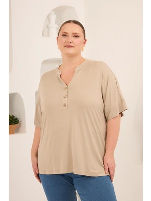 Rmg Hakim Yaka Büyük Beden Düğmeli Bluz Vizon