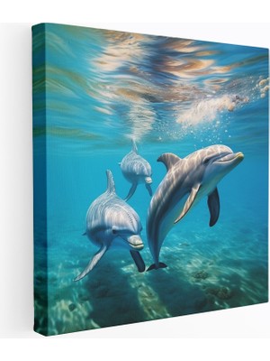 Popcas Denizlerde Huzurlu Yunus Ailesi - Vahşi Yaşam Kanvas Tablo - Duvar Dekorasyonu