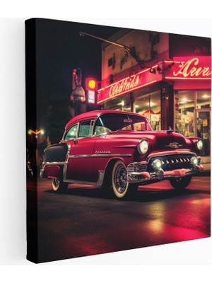 Popcas Retro Neon Işıklı Kanvas Tablo - Vintage Araba Duvar Sanatı Duvar Dekorasyonu