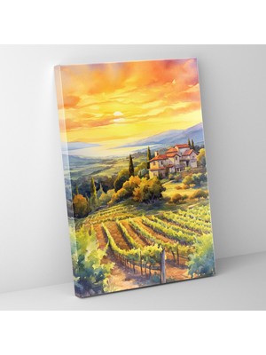 Popcas Şarap Duvar Sanatı - Suluboya Bağ Günbatımı - Şarap Şarap Sever Hediye Kanvas Tablo Ev Dekorasyonu