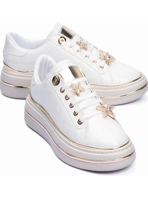 Mubiano Kadın Sneaker Gold Yıldız Detaylı Kalın Tabanlı Spor Ayakkabı Veronica Beyaz