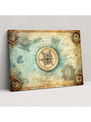 Popcas Vintage Denizcilik Haritası Kanvas Tablo Baskı - Dünya Haritası Pusula Illüstrasyonları Vintage Denizcilik Haritası Ev Dekorasyonu