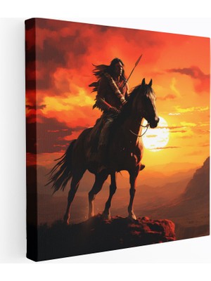 Popcas Kızılderili Kanvas Tablo - At Üzerindeki Kızılderili Savaşçı Duvar Sanatı - Kızılderili Günbatımı Manzarası Kanvas Tablo Kanvas Duvar Sanatı