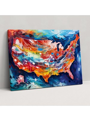 Popcas Amerika Birleşik Devletleri Haritası Duvar Sanatı - Amerika Birleşik Devletleri Haritası Duvar Dekorasyonu Soyut Tablo Kanvas