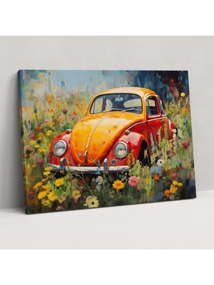 Popcas Volkswagen Beetle Çiçekli Çimen Kanvas Tablo - Volkswagen Beetle Kanvas Duvar Sanatı Izlenimci Resim Kanvas Tablo