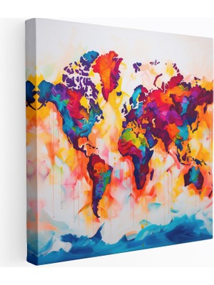 Popcas Dünya Haritası - Canlı Renkli Çağdaş Sanat Kanvas Tablo - Dünya Haritası Çağdaş Sanat Duvar Sanatı Cesur Renkler
