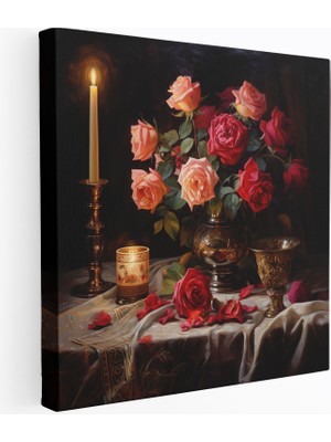 Popcas Romantik Yağlı Boya Tablo: Mum Işığıyla Dolu Masa - Ev Dekorasyonu Kanvas Duvar Sanatı