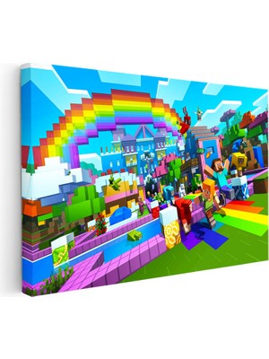 Kanvas Tablo Gökkuşağı Festivali Minecraft Tablosu Ev Ofis Salon Duvar Dekoru