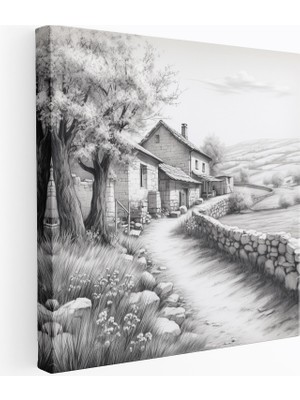 Popcas Kırsal Köy Kalem Eskiz Kanvas Tablo - Köy Kanvas Duvar Sanatı Huzur Kırsal Köy