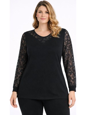Şans Kadın Büyük Beden Siyah, Dantel Detaylı Bluz 65N39364