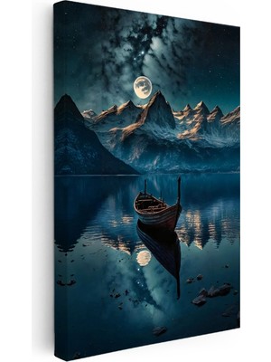 Kanvas Tablo Karlı Dağlar ve Göl Sandalı Manzara ve Doğa Tablosu Ev Ofis Duvar Dekoru