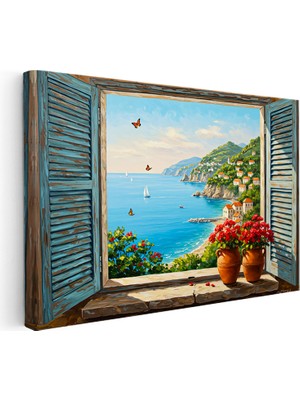 Kanvas Tablo Mavi Panjurlu Pencere ve Sahil Manzara ve Doğa Tablosu Ev Ofis Duvar Dekoru