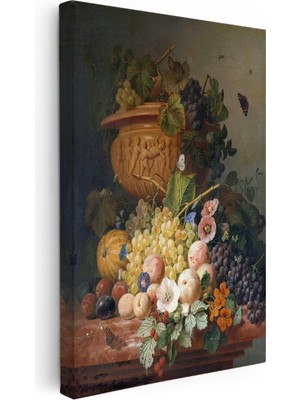 Kanvas Tablo J.l.r. Meyve ve Çiçekler Vazoda Böcekli Natürmort Ressam Tablosu Ev Ofis Dekoru