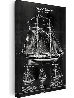 Kanvas Tablo Yelkenli Gemi Modeli Patent Çizimi Taşıt Vintage Tablo Ev Ofis Duvar Dekoru