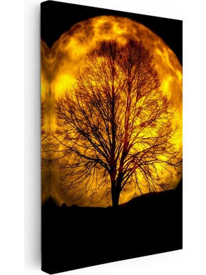 Kanvas Tablo Dev Dolunay ve Çıplak Ağaç Silüeti Manzara Tablosu Ev Ofis Duvar Dekoru
