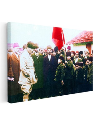 Kanvas Tablo Atatürk ve Bayraklı Çocuk Atatürk Tablosu Ev Ofis Duvar Dekoru