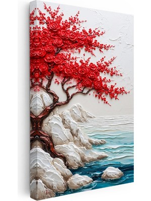 Kanvas Tablo Kırmızı Çiçekli Sahil Ağacı Kabartma Görünümlü Tablo Ev Ofis Duvar Dekoru