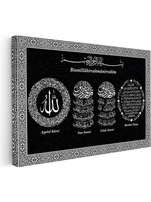 Kanvas Tablo Gümüş Görünümlü Ayetel Kürsi Felak Nas Suresi Bereket Duası Dini Islami Tablo