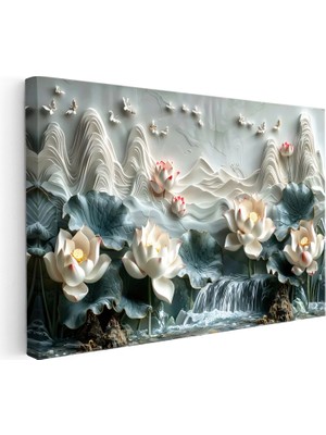 Kanvas Tablo Nilüfer ve Şelale Manzarası Çiçek Tablosu Ev Ofis Duvar Dekoru