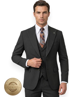 HERMOSE Riviera | Karbon Siyahı Dokulu Gofre Çizgili Yelekli Takım Elbise