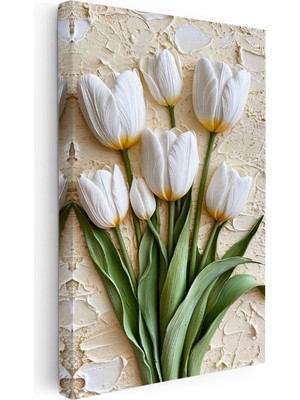Kanvas Tablo Kabartma Görünümlü Laleler Çiçek Tablosu Ev Ofis Duvar Dekoru