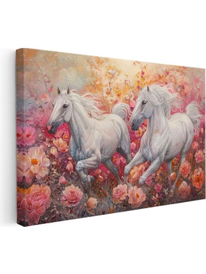 Kanvas Tablo Pembe Çiçekli Doğa ve Atlar At Tablosu Ev Ofis Duvar Dekoru