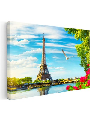 Kanvas Tablo Eyfel Kulesi Seine Nehri Çiçekler Şehir Mimari Tablo Ev Ofis Duvar Dekoru