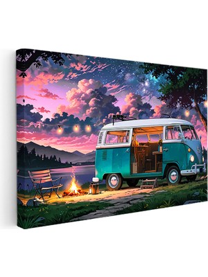 Kanvas Tablo Volkswagen T1 Kamp ve Göl Manzarası Volkswagen Tablosu Ev Ofis Duvar Dekoru