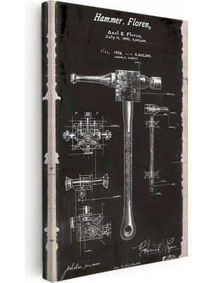 Kanvas Tablo Çekiç Patent Çizimi El Aleti Planı Teknik Vintage Tablo Ev Ofis Duvar Dekoru