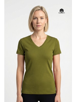 Cottonland Kadın Delfına V Yaka 1x1 Esnek Ribana Kısa Kollu Pamuk Penye T-Shirt