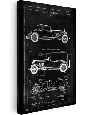 Kanvas Tablo Eski Otomobil Silüetleri Patent Çizimi Taşıt Vintage Tablo Ev Ofis Duvar Dekoru