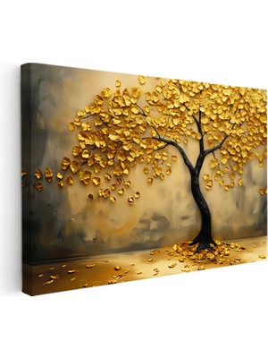 Kanvas Tablo Altın Yapraklı Estetik Ağaç Çiçek Tablosu Ev Ofis Duvar Dekoru