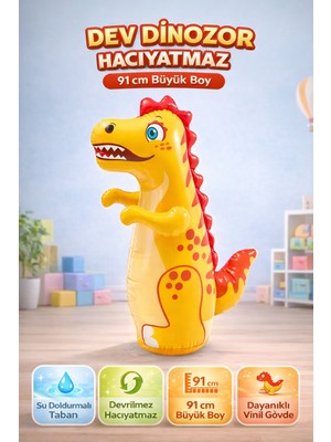 Yıldırım Oyuncak Dev Dinozor Hacıyatmaz 91 cm | Şişme Devrilmez Çocuk Boks Oyuncağı Dayanıklı Eğlence Oyuncağı