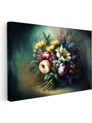 Kanvas Tablo Buket Formlu Çiçek Kompozisyonu Çiçek Tablosu Ev Ofis Duvar Dekoru
