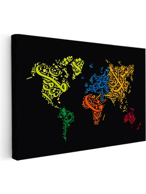 Kanvas Tablo Arapça Hat Sanatı Dünya Harita Tablosu Ev Ofis Duvar Dekoru