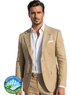 HERMOSE Riviera | Kum Beji Keten Lyocell Yelekli Takım Elbise