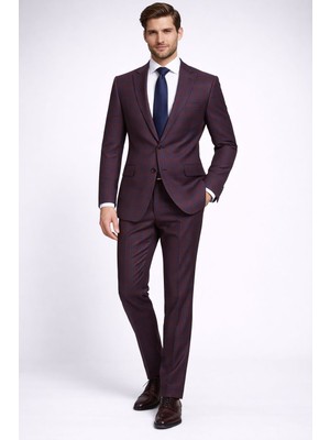 FABIO CASSEL Bordo Kareli Premium Erkek Takım Elbise – Slim Fit Özel Gün & Davet Takımı