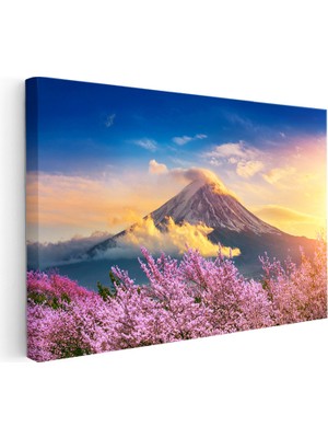 Kanvas Tablo Karlı Fuji Dağı ve Sakura Ağaçları Manzara Tablosu Ev Ofis Duvar Dekoru