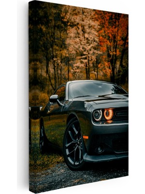 Kanvas Tablo Sonbahar Ormanında Dodge Challenger Araba Tablosu Ev Ofis Duvar Dekoru